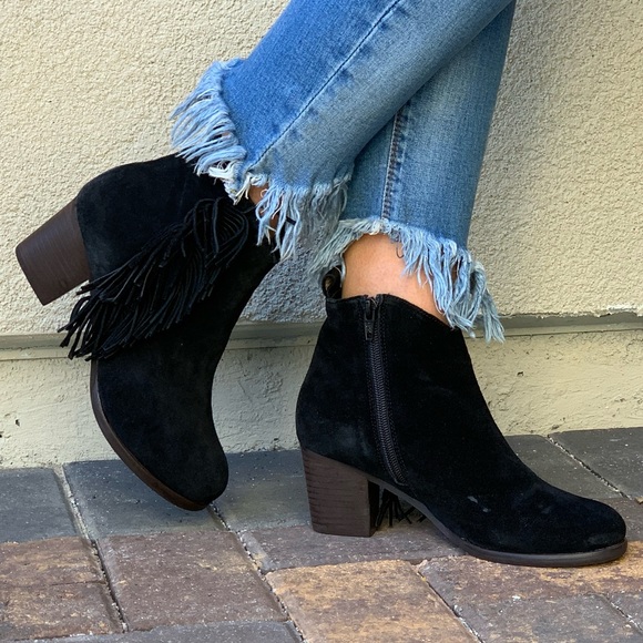 Distressed Black Suede Leather Fringe Ankle Boot - Picture 2 of 8